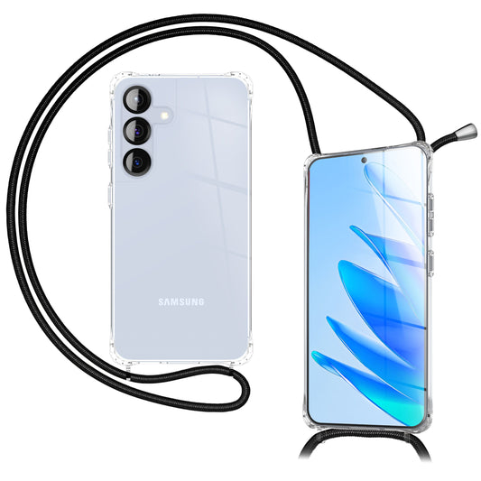 NALIA Hülle Hangit für Samsung Galaxy S25 FE (Umhängehülle) - Transparente Handyhülle mit Band, Kristallklar & Anti-Gelb, Verstellbare 160cm Handykette