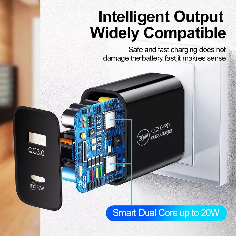 20W Dual-Port Schnellladegerät USB-C & USB-A mit PD & QC 3A Ladeadapter