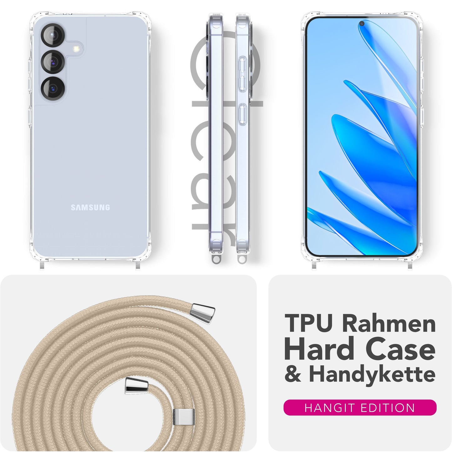NALIA Hülle Hangit für Samsung Galaxy S25 FE (Umhängehülle) - Transparente Handyhülle mit Band, Kristallklar & Anti-Gelb, Verstellbare 160cm Handykette