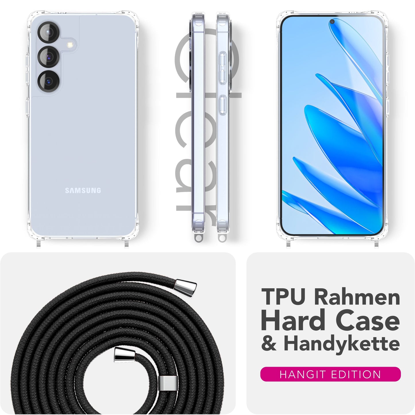 NALIA Hülle Hangit für Samsung Galaxy S25 FE (Umhängehülle) - Transparente Handyhülle mit Band, Kristallklar & Anti-Gelb, Verstellbare 160cm Handykette