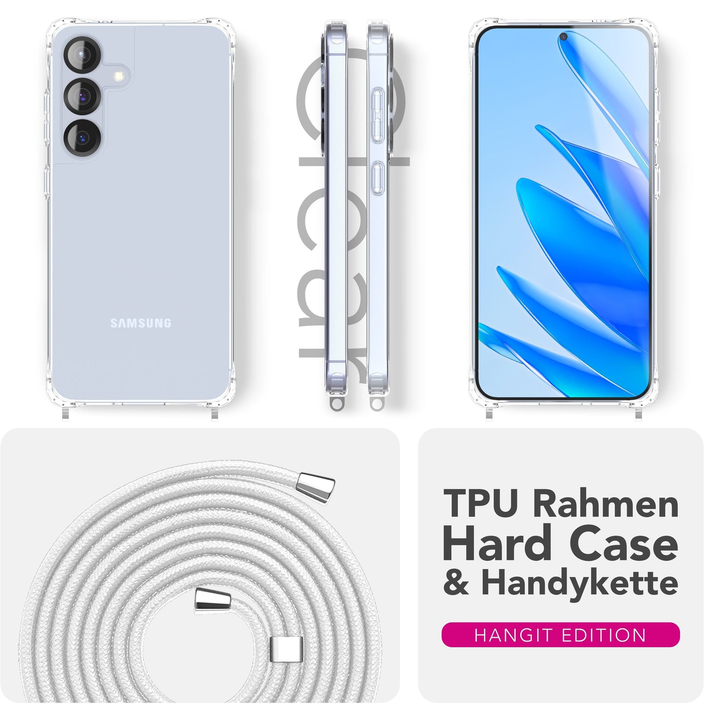 NALIA Hülle Hangit für Samsung Galaxy S25 FE (Umhängehülle) - Transparente Handyhülle mit Band, Kristallklar & Anti-Gelb, Verstellbare 160cm Handykette