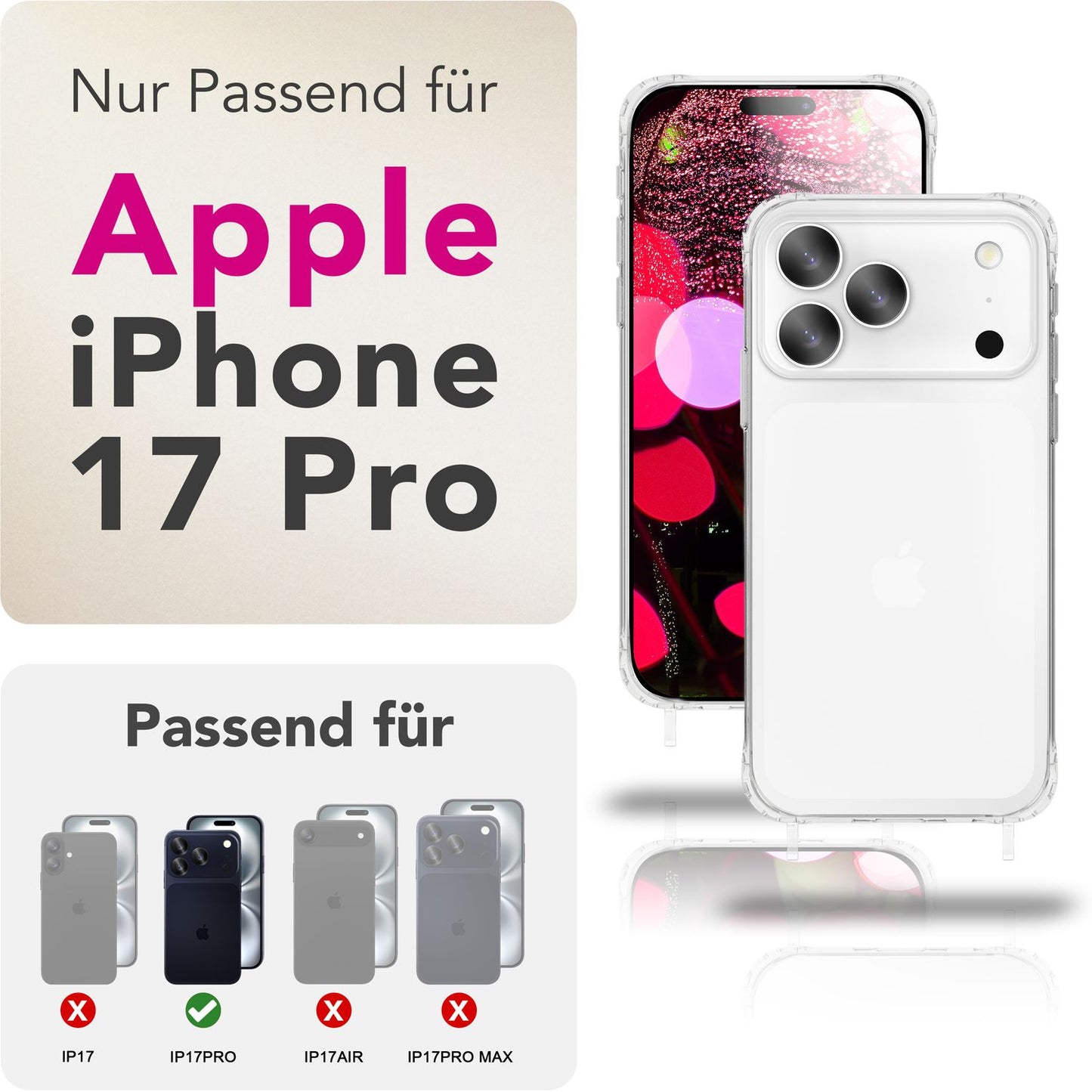 NALIA Hülle Hangit für Apple iPhone 17 Pro (Umhängehülle) - Klare Handyhülle mit verstellbarem Band, Durchsichtig & Anti-Gelb, Air-Cushion, 160cm Handykette