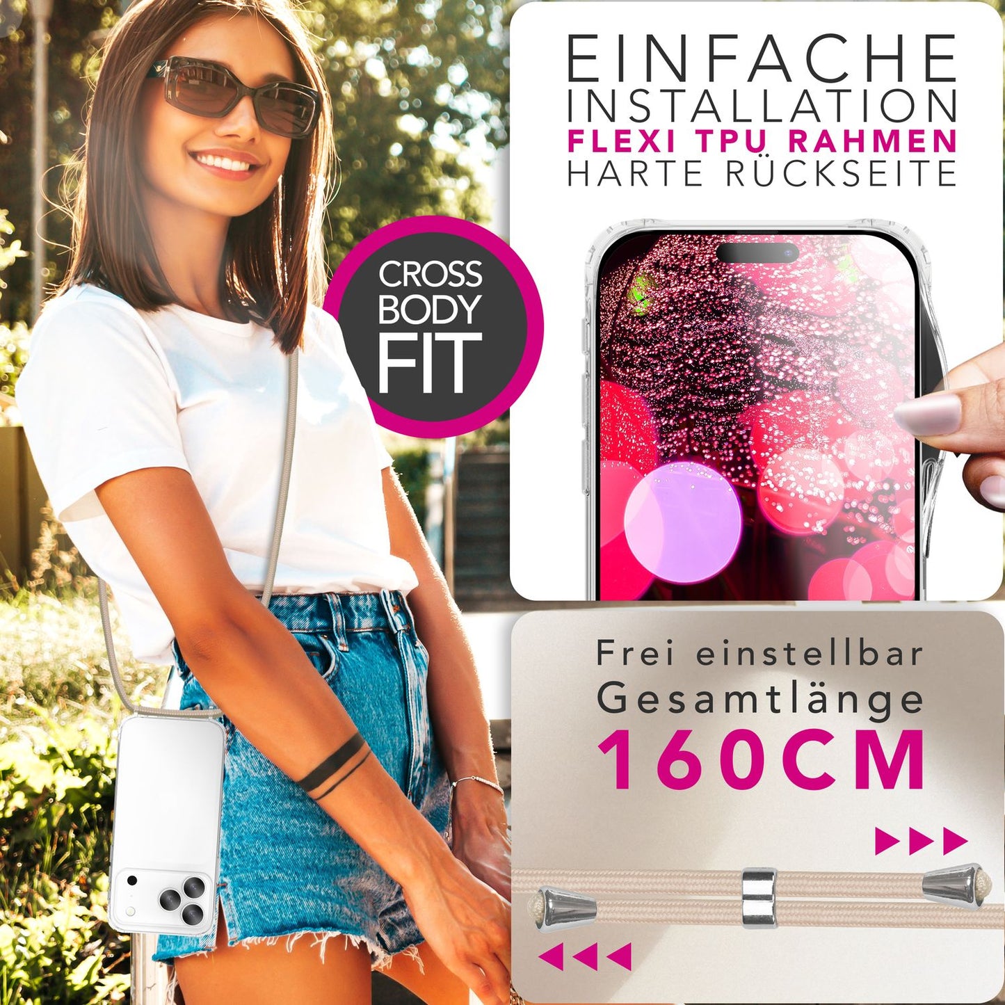 NALIA Hülle Hangit für Apple iPhone 17 Pro (Umhängehülle) - Klare Handyhülle mit verstellbarem Band, Durchsichtig & Anti-Gelb, Air-Cushion, 160cm Handykette