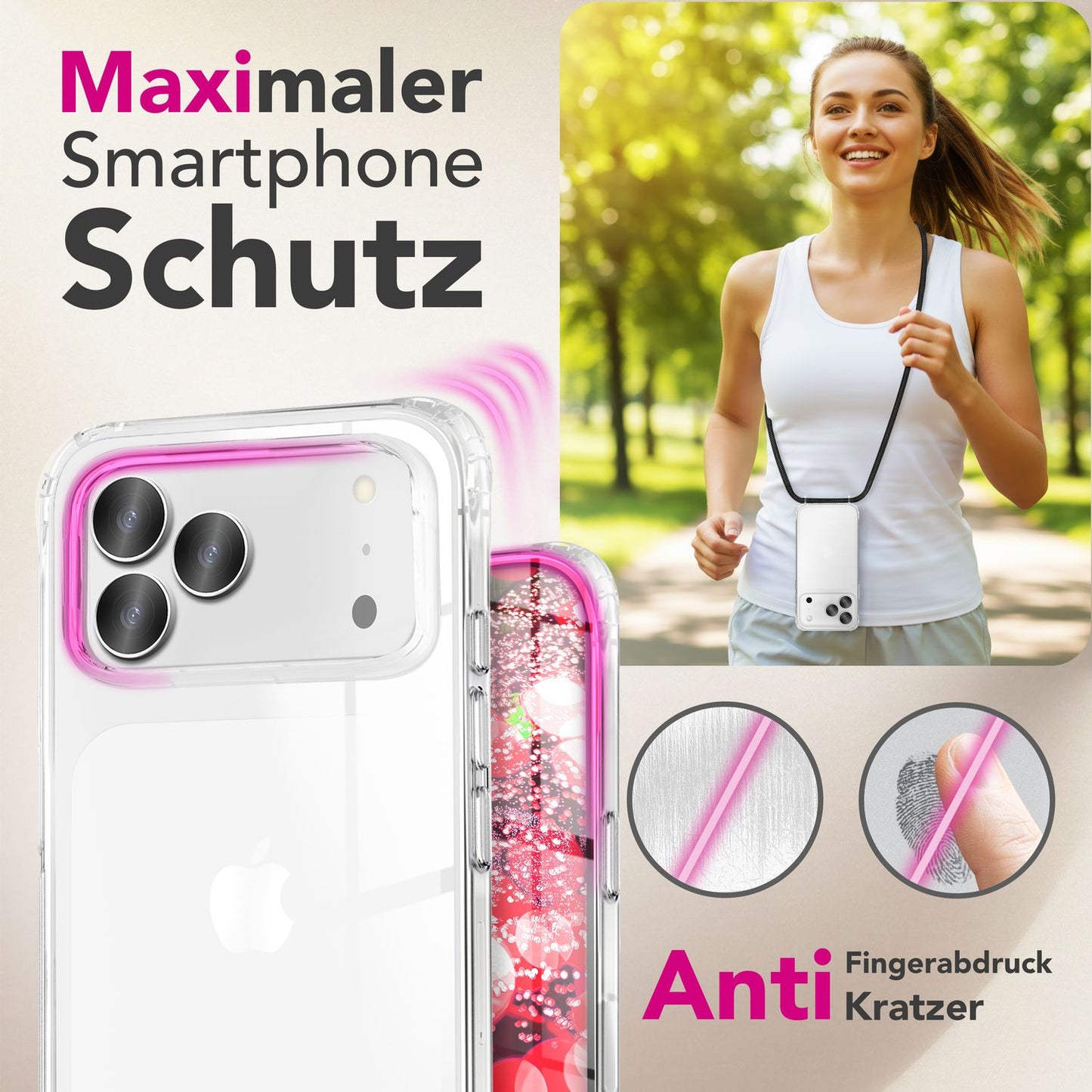 NALIA Hülle Hangit für Apple iPhone 17 Pro (Umhängehülle) - Klare Handyhülle mit verstellbarem Band, Durchsichtig & Anti-Gelb, Air-Cushion, 160cm Handykette