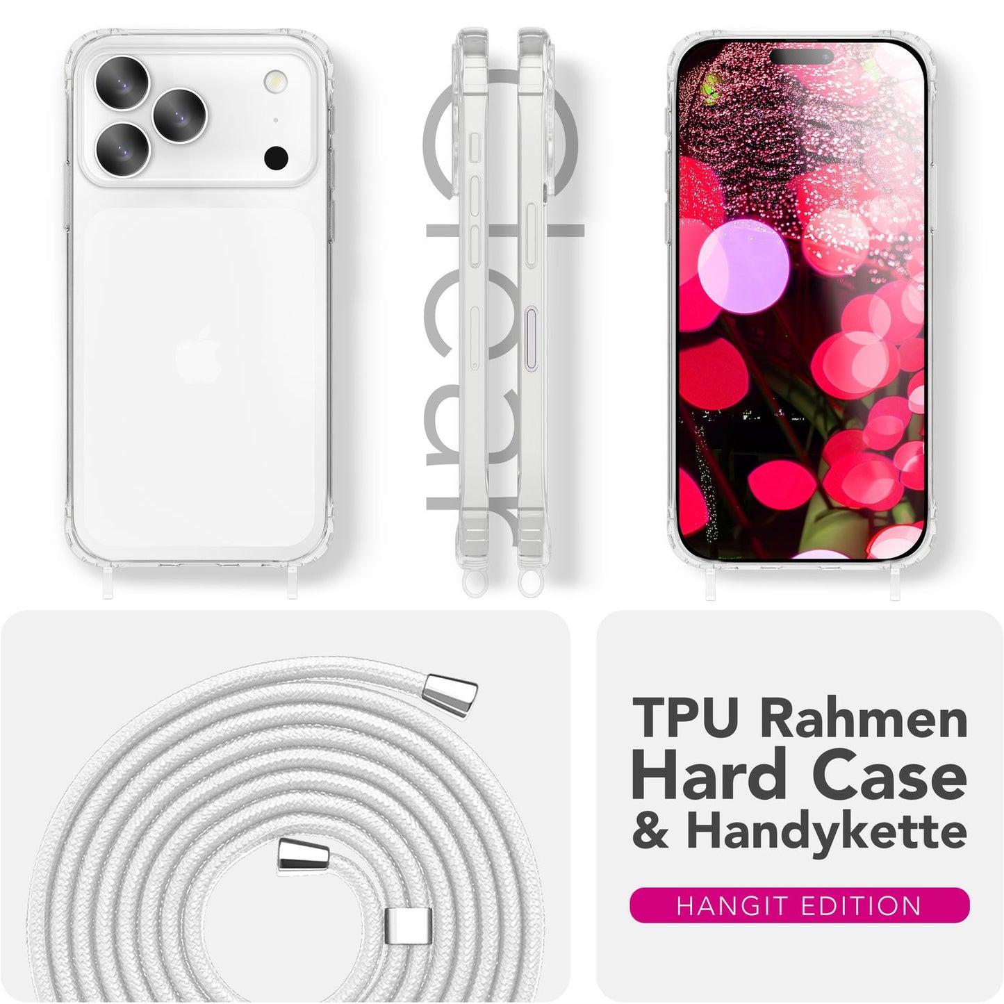 NALIA Hülle Hangit für Apple iPhone 17 Pro (Umhängehülle) - Klare Handyhülle mit verstellbarem Band, Durchsichtig & Anti-Gelb, Air-Cushion, 160cm Handykette