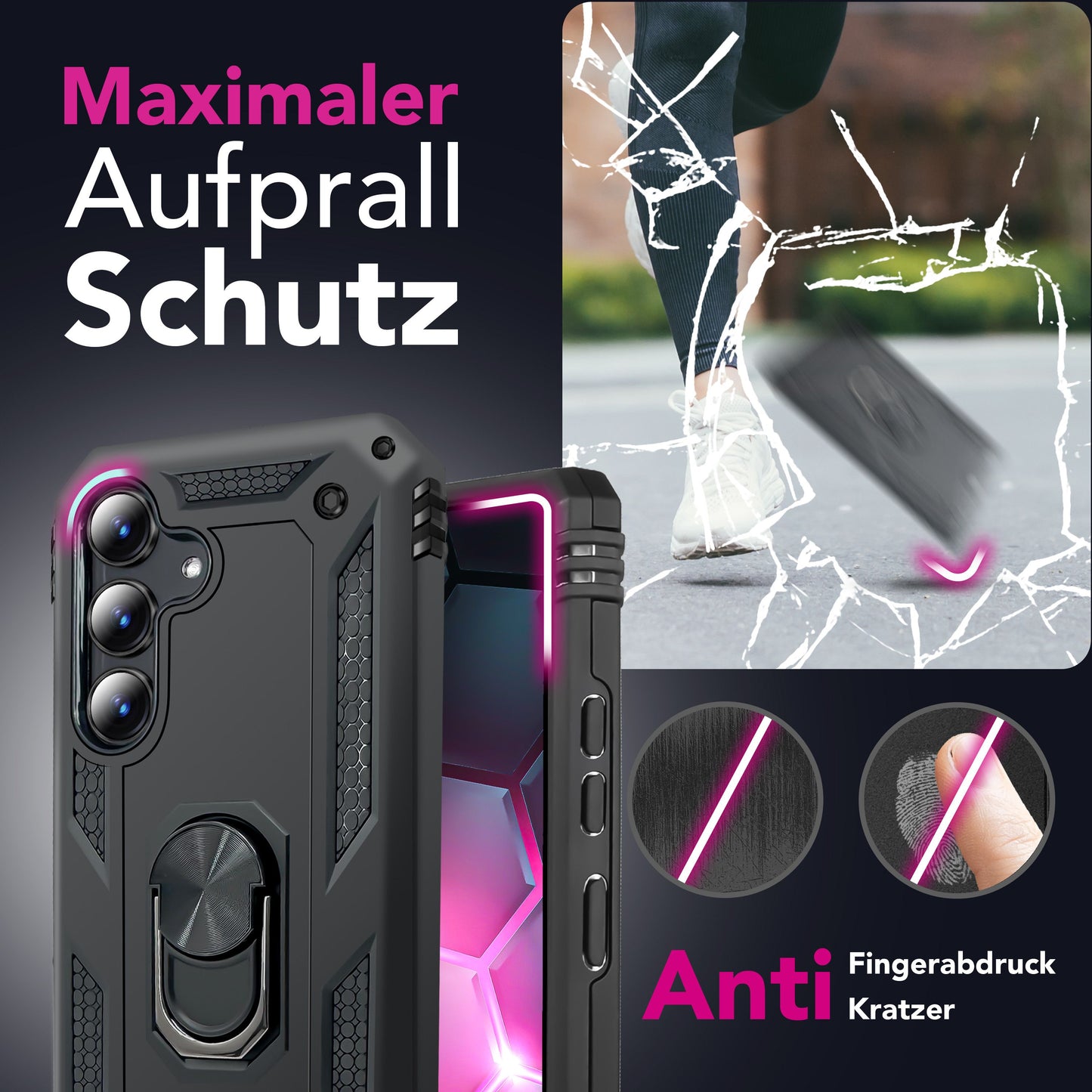 NALIA Hülle RingDefend für Samsung Galaxy S25 FE (Military-Grade Schutz) - Robuste Panzerhülle mit 360° Dreh-Ring & Kickstand, Schlagfest & Stoßabsorbierend, Armor Case - Schwarz
