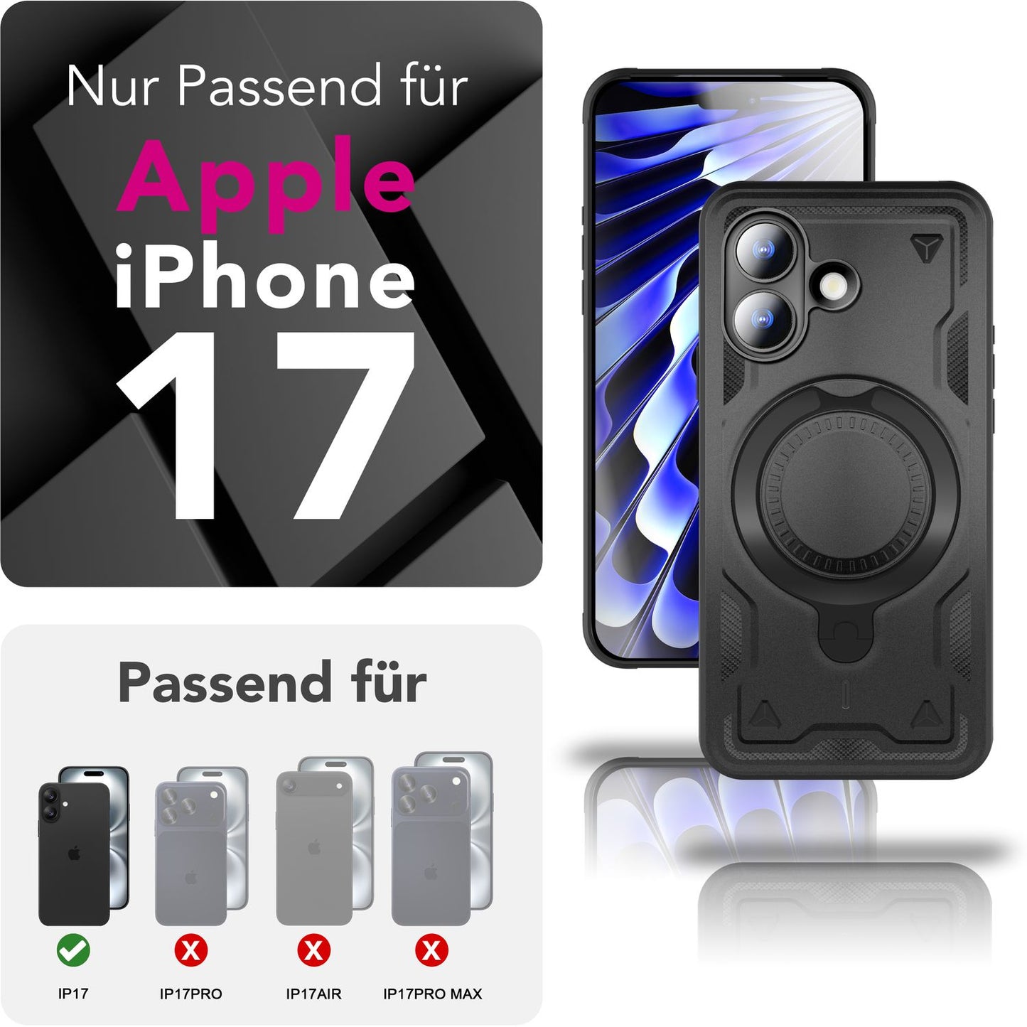 NALIA MagSafe Hülle Stormguard für Apple iPhone 17 (Unzerstörbare Panzerhülle) - Stoßfeste Outdoor Schutzhülle mit 360° Ring Ständer, Armor Case, Fallschutz Cover - Vulkanschwarz