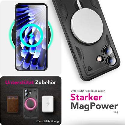 NALIA MagSafe Hülle Stormguard für Apple iPhone 17 (Unzerstörbare Panzerhülle) - Stoßfeste Outdoor Schutzhülle mit 360° Ring Ständer, Armor Case, Fallschutz Cover - Vulkanschwarz