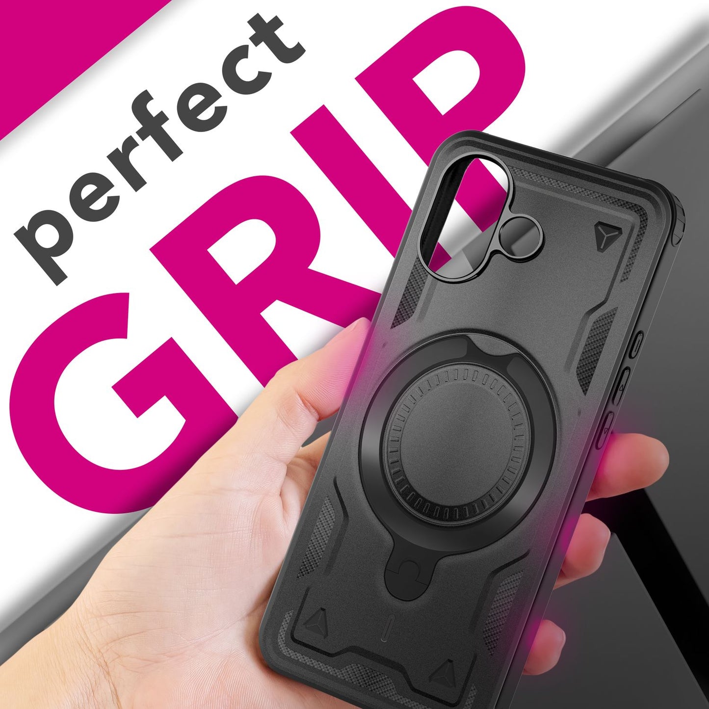 NALIA MagSafe Hülle Stormguard für Apple iPhone 17 (Unzerstörbare Panzerhülle) - Stoßfeste Outdoor Schutzhülle mit 360° Ring Ständer, Armor Case, Fallschutz Cover - Vulkanschwarz
