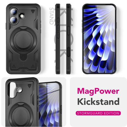 NALIA MagSafe Hülle Stormguard für Apple iPhone 17 (Unzerstörbare Panzerhülle) - Stoßfeste Outdoor Schutzhülle mit 360° Ring Ständer, Armor Case, Fallschutz Cover - Vulkanschwarz